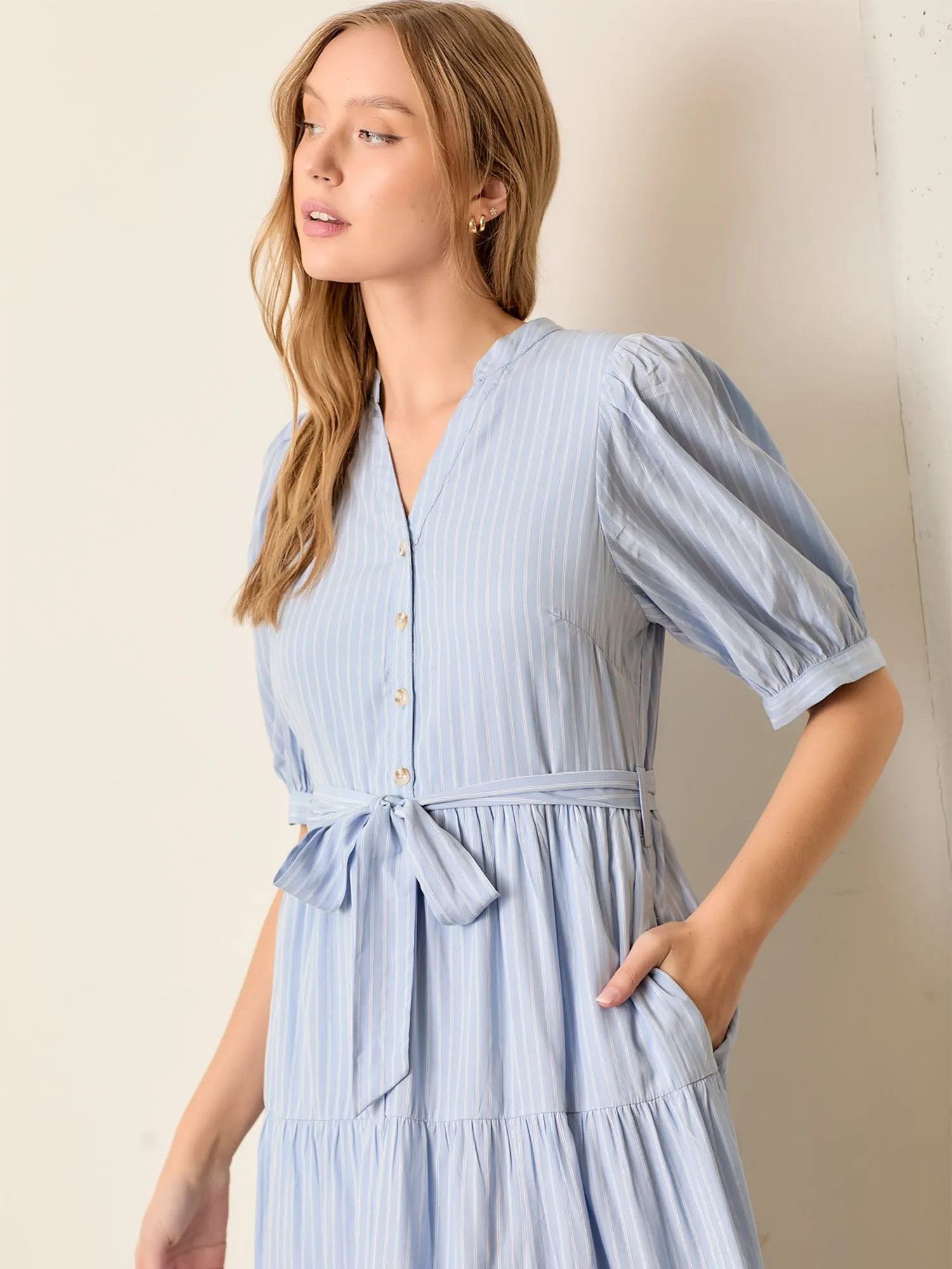 Stripe Tiered V Neck Fit Flare Maxi Dress
