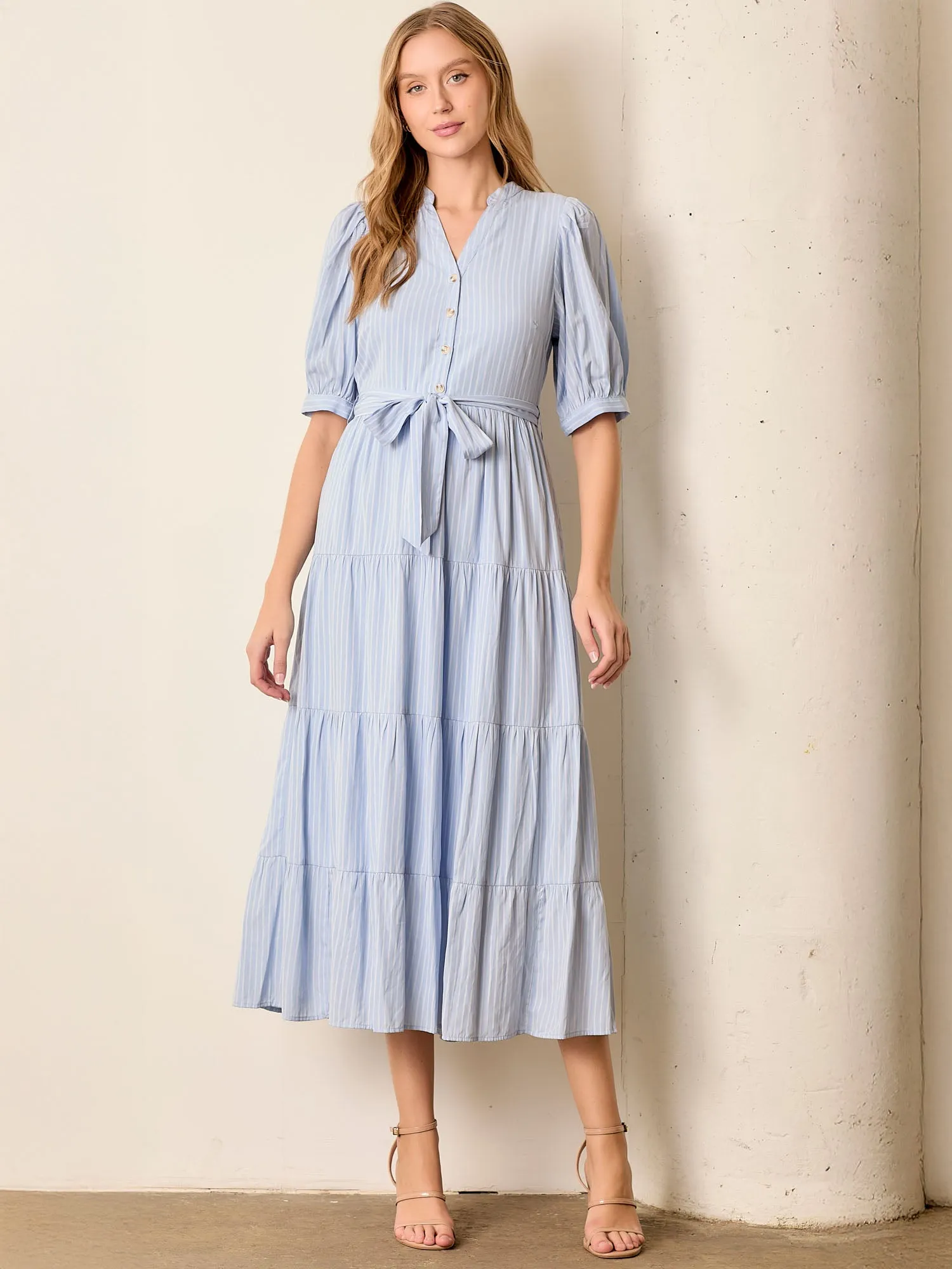 Stripe Tiered V Neck Fit Flare Maxi Dress