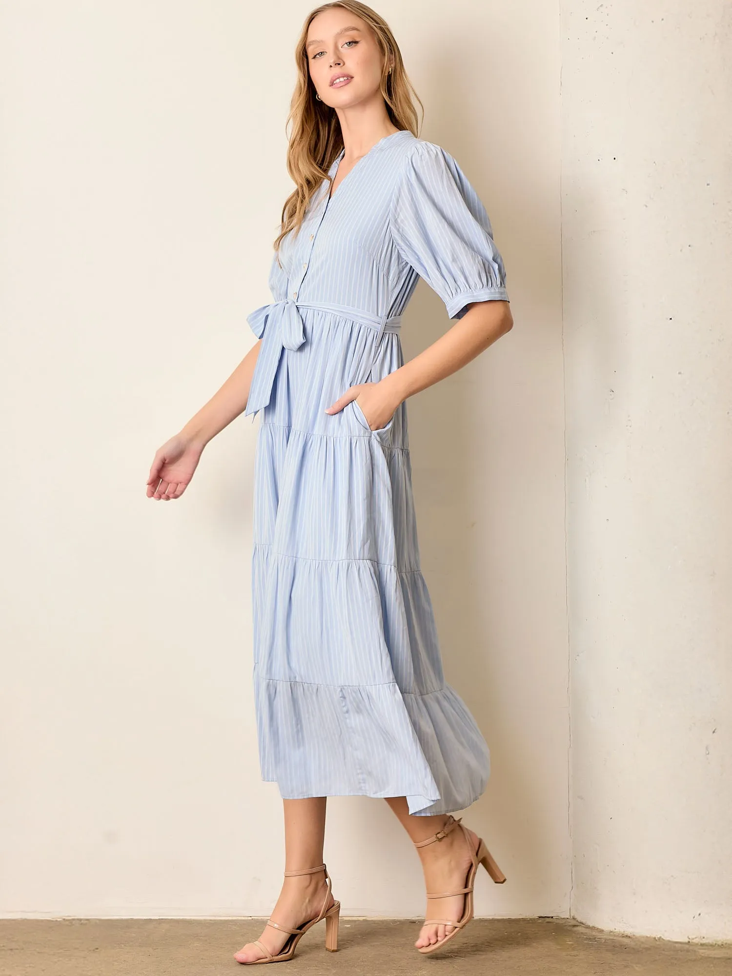 Stripe Tiered V Neck Fit Flare Maxi Dress