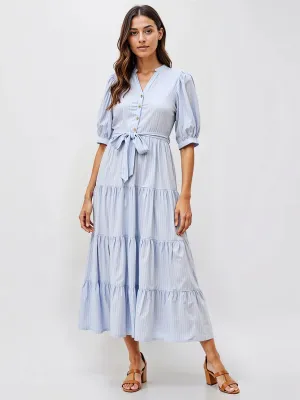 Stripe Tiered V Neck Fit Flare Maxi Dress