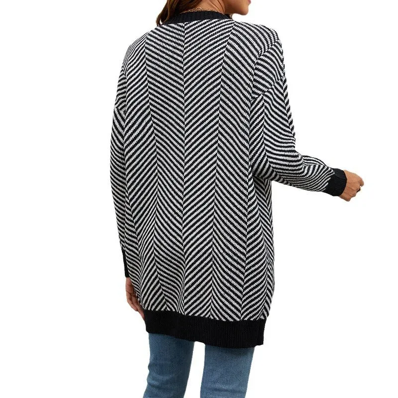 Striped Clashing Colours Knitted Cardigan Sweater Wholesale Womens Clothing N3824091200146
