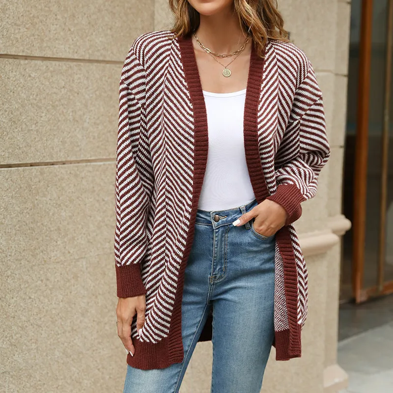 Striped Clashing Colours Knitted Cardigan Sweater Wholesale Womens Clothing N3824091200146