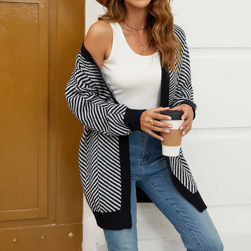 Striped Clashing Colours Knitted Cardigan Sweater Wholesale Womens Clothing N3824091200146