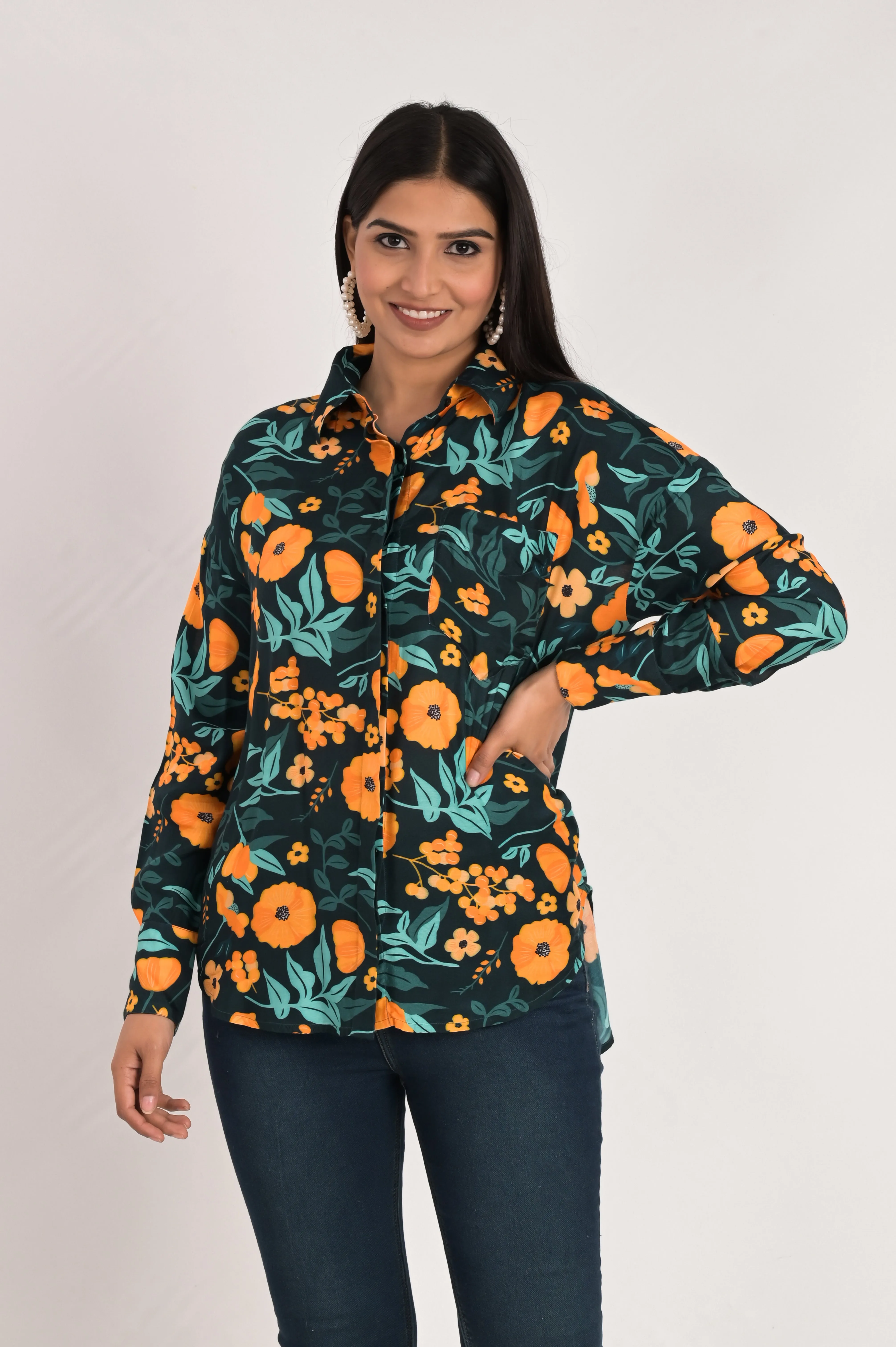 Teal Blue Multicolor Print Shirt