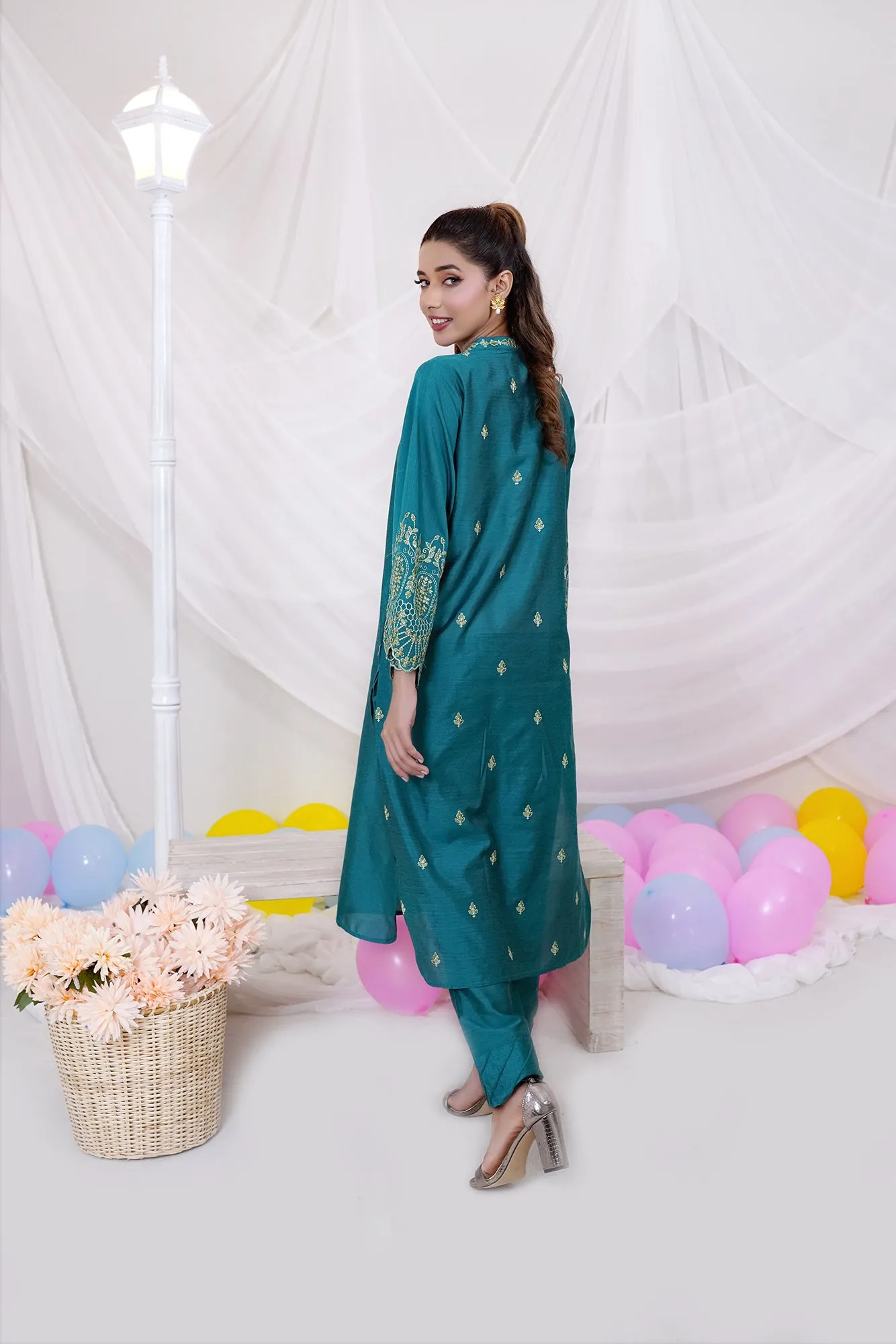 Teal Katan Silk 2-Piece Set: Embroidered Shirt & Straight Pants
