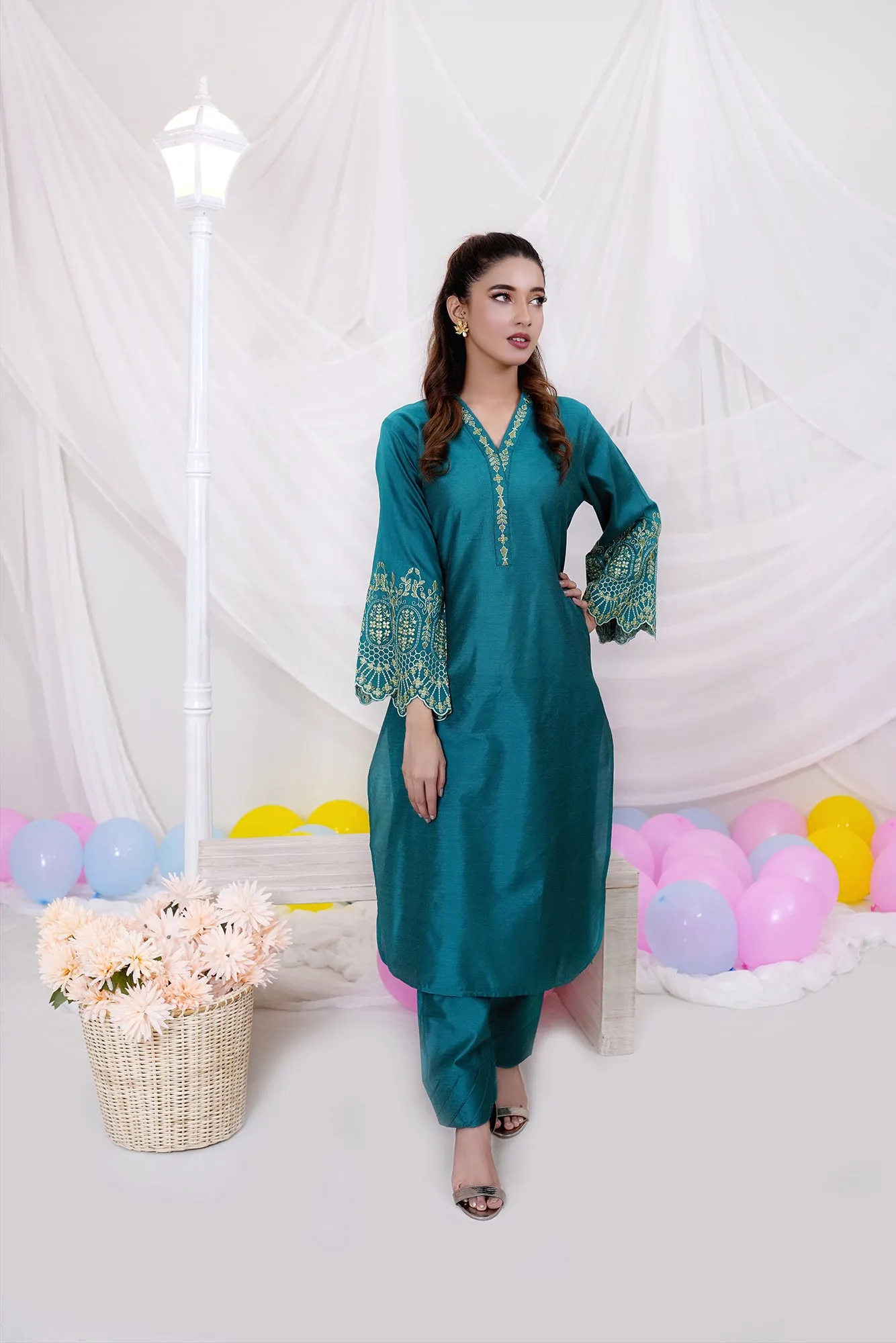 Teal Katan Silk 2-Piece Set: Embroidered Shirt & Straight Pants