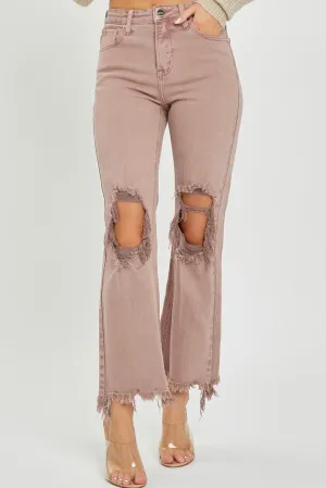 The High Rise Knee Distressed Straight Risen Jeans Mauve
