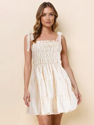 Tie Strap Eyelet Ruched Bodice Mini Sun Dress