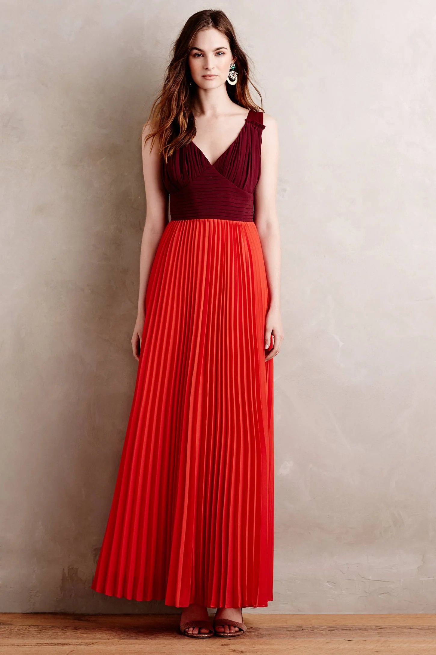V-neck Two Tone Evening Gown with Pleated Chiffon Skirt