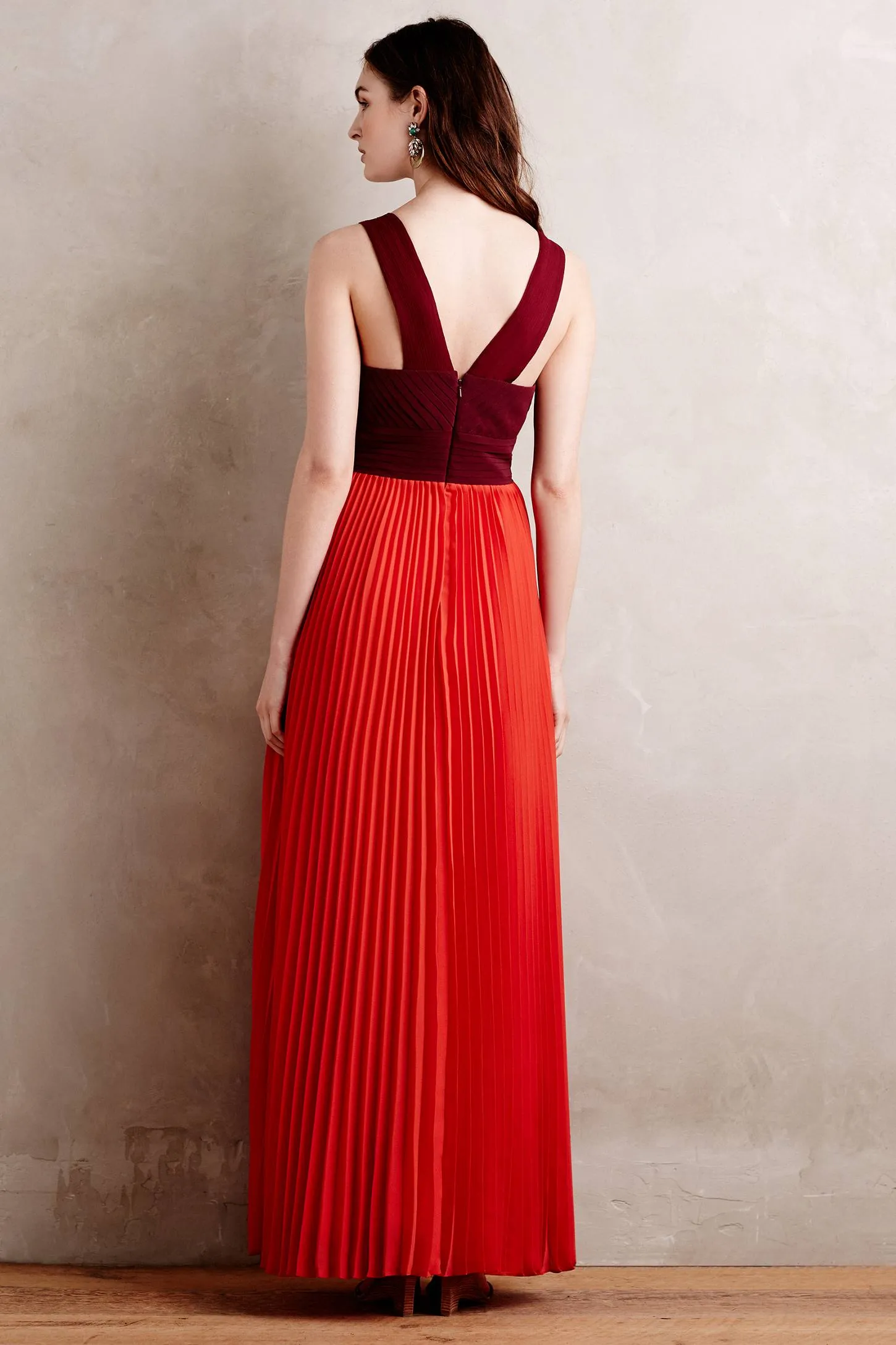 V-neck Two Tone Evening Gown with Pleated Chiffon Skirt