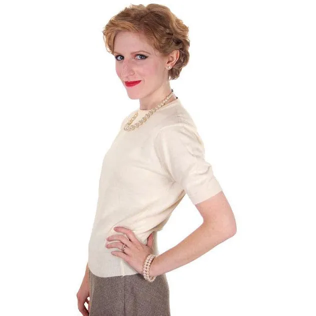 Vintage  Sweater Ivory Short Sleeved Ribbed Waistband Small