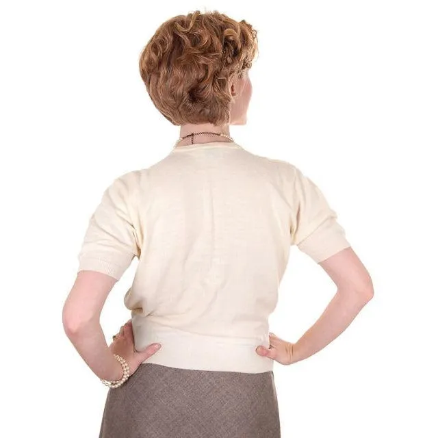 Vintage  Sweater Ivory Short Sleeved Ribbed Waistband Small