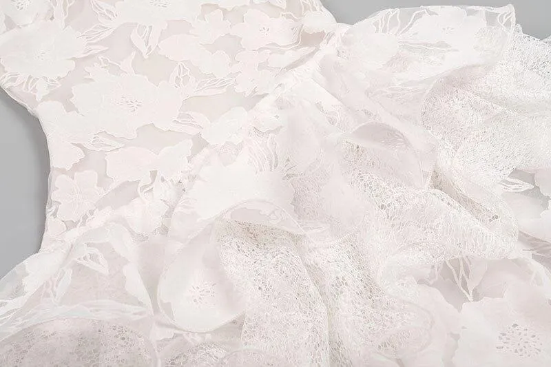 WHITE FLORAL TIERED LACE MAXI DRESS