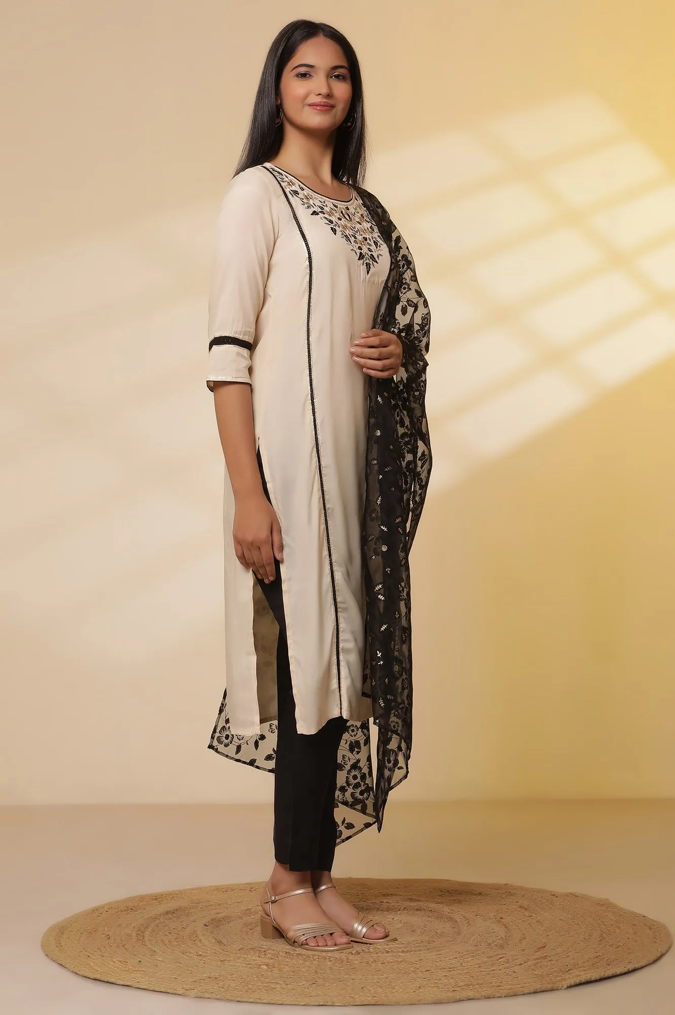 White Shantung Embroidered Straight Kurta, Pants with Dupatta Set