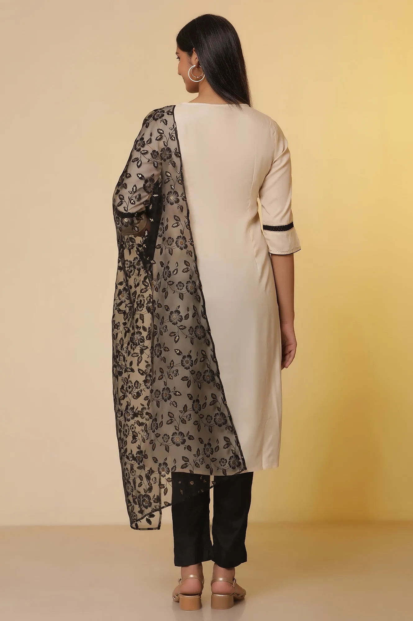 White Shantung Embroidered Straight Kurta, Pants with Dupatta Set