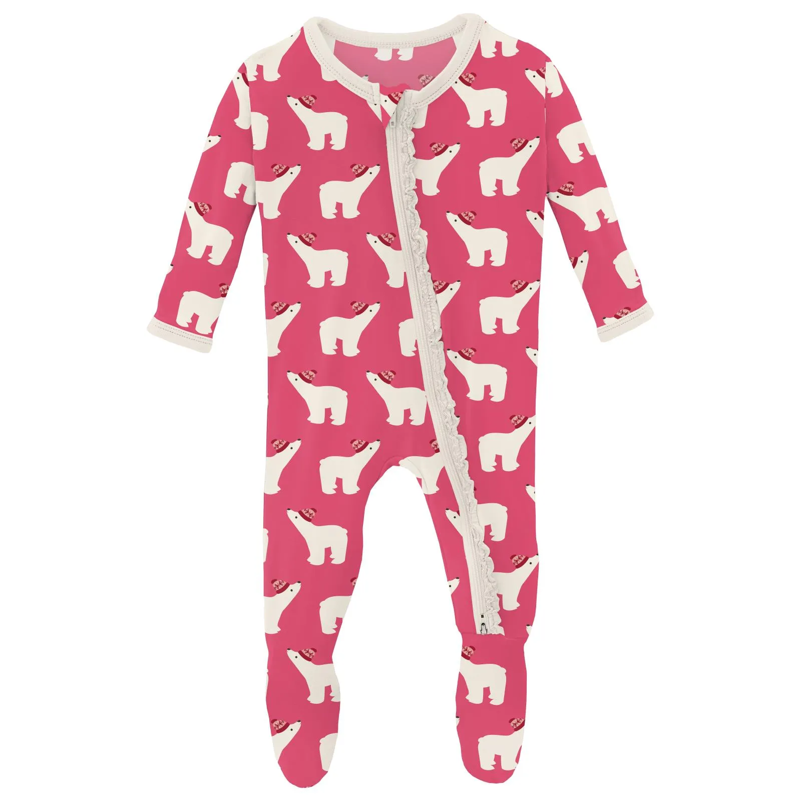 Winter Rose Polar Bears Ruffle Footie with 2-way zipper - Holiday