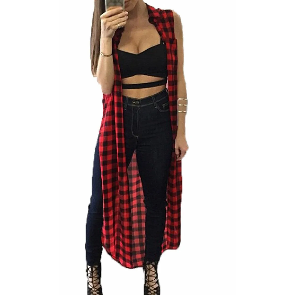 Women Casual Loose Long Plaid Blouses Sleeveless Split Shirts Lapel Tops Cardigan Coats