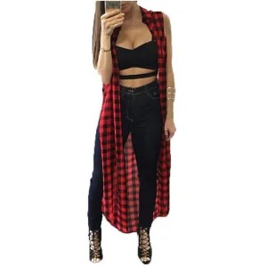 Women Casual Loose Long Plaid Blouses Sleeveless Split Shirts Lapel Tops Cardigan Coats