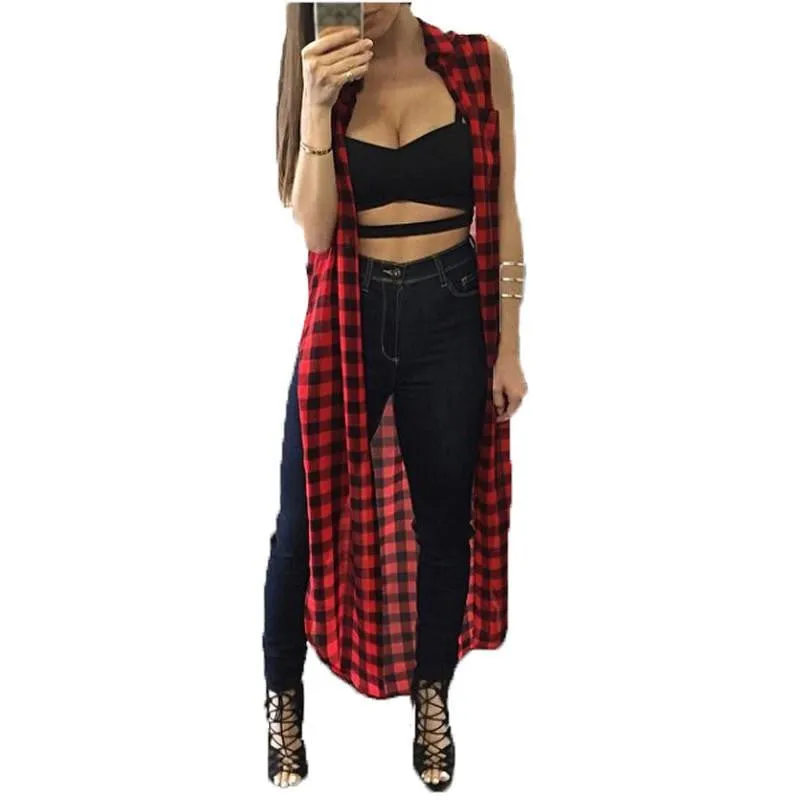 Women Casual Loose Long Plaid Blouses Sleeveless Split Shirts Lapel Tops Cardigan Coats