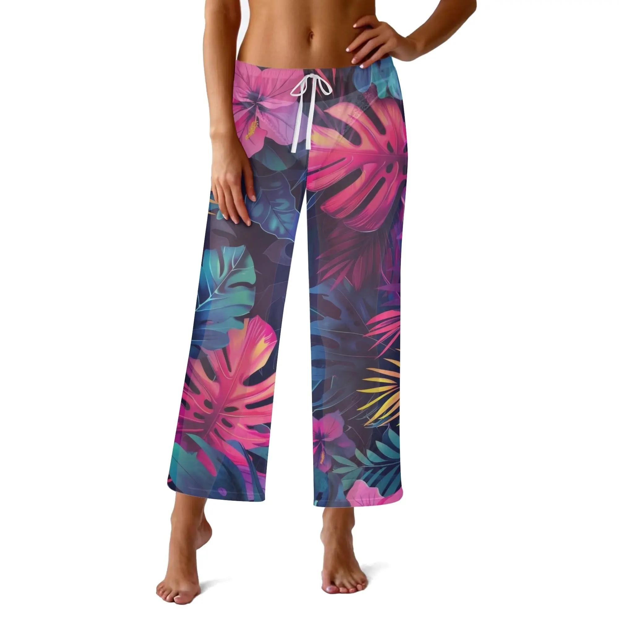 Womens Colorful Island Vibes Tropical Floral Print Sheer Beach Pants