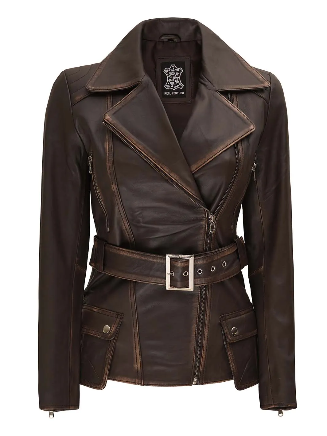 Women's Distressed Brown Leather BIker Jacket
