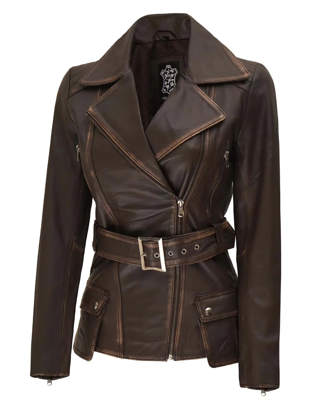 Women's Distressed Brown Leather BIker Jacket