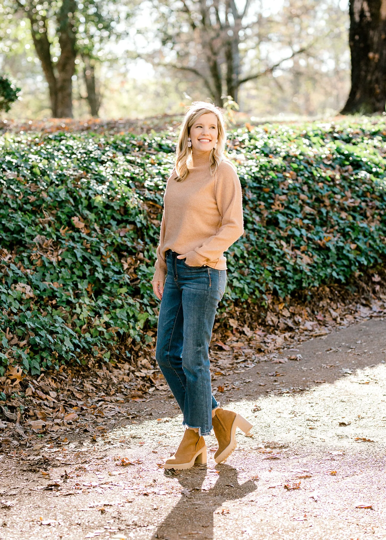 X Ribbed Neck Camel Sweater