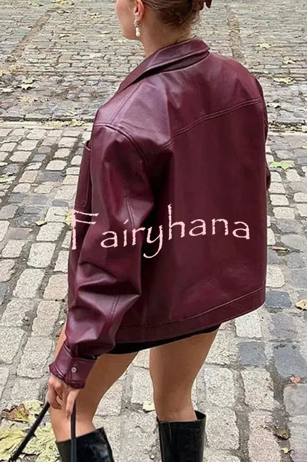 Y2K Burgundy Faux Leather Pocketed Zipper Loose Jacket